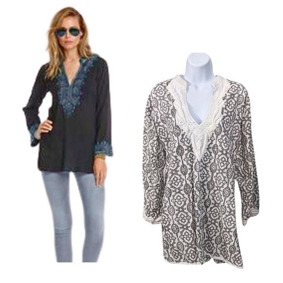 SULU 100% Cotton Silver White Ikat Trellis Raised Embroidery Tunic CoverUp Sz 18 - Picture 1 of 9